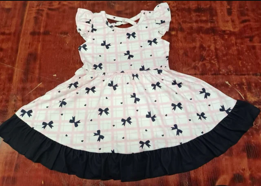 5.13 Preorder moq 5 Baby Girls Pink Plaid Flutter Sleeves Black Bows Plaid Knee Length Dresses
