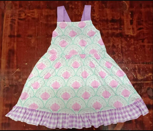 5.13 Preorder moq 5 Baby Girls Lavender Strap Shells Floral Plaid Knee Length Dresses