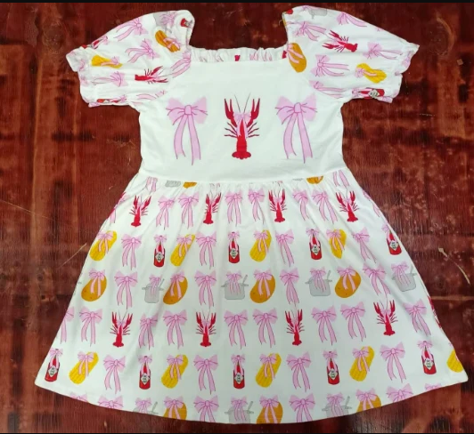 5.13 Preorder moq 5 Baby Girls Pink Short Ruffle Sleeves Bows Crayfishes Knee Length Dresses