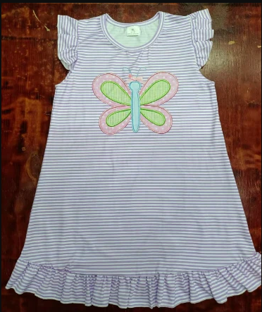 5.13 Preorder moq 5 Baby Girls Lavender Stripe Flutter Sleeves Butterfly Knee Length Dresses