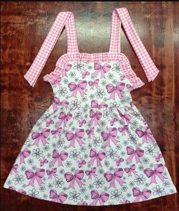 5.13 Preorder moq 5 Baby Girls Pink Plaid Strap Bows Flowers Knee Length Dresses