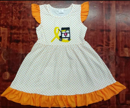 5.13 Preorder moq 5 Baby Girls Orange Flutter Sleeves Polka Dots Bus Knee Length Dresses