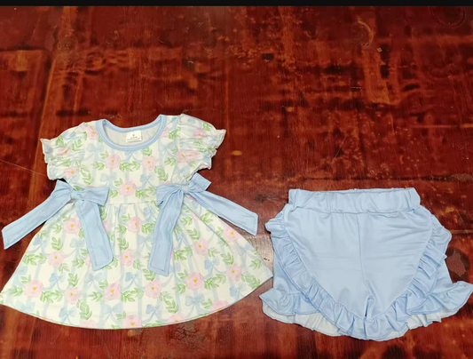 5.13 Preorder moq 5 Baby Girls Short Sleeves Bows Flowers Tunic Light Blue Ruffle Short Set