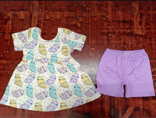 5.13 Preorder moq 5 Baby Girls Short Sleeves Stars Shoes Tunic Lavender Short Set