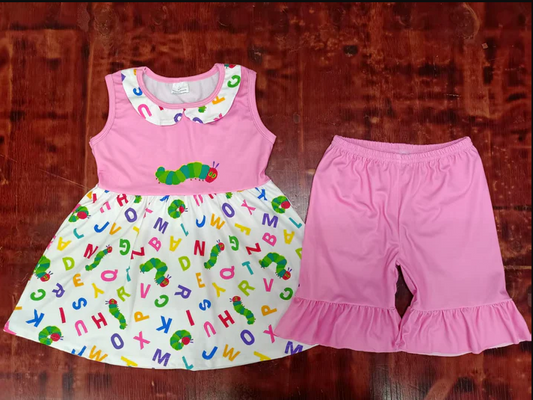 5.13 Preorder moq 5 Baby Girls Pink Sleeveless Caterpillar Tunic Ruffle Short Set