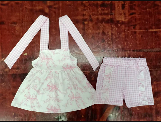 5.13 Preorder moq 5 Baby Girls Pink Strap Bows Flowers Tunic Plaid Ruffle Short Set