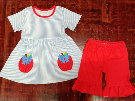 5.13 Preorder moq 5 Baby Girls Stripe Short Sleeves Apples Tunic Red Ruffle Short Back School Set