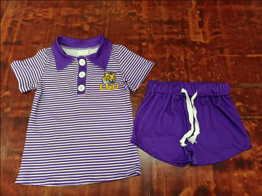 5.13 reorder moq 5 Baby Girls Purple Stripe Short Sleeves LSU Tiger Button Top Shorts With Belt Set