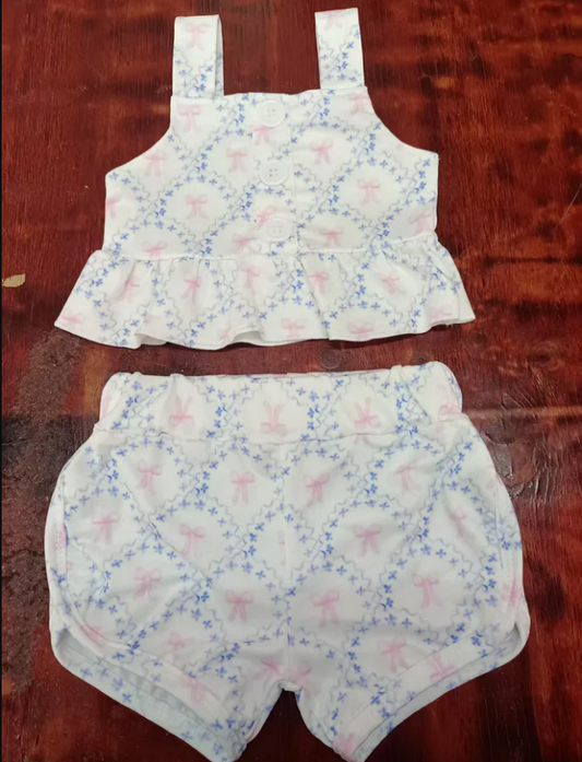 5.13 Preorder moq 5 Baby Girls Pink Strap Bows Plaid Vests Top Pockets Shorts Summer Set