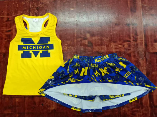 5.13 Preorder moq 5 Baby Girls Yellow Sleeveless Michigan Vest Top Navy Short Skirts Set