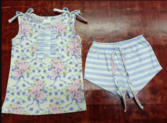 5.13 Preorder moq 5 Baby Girls Sleeveless Flowers Bows Plaid Button Top Stripe Shorts With Belt Set