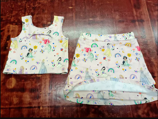 5.13 Preorder moq 5 Baby Girls Peach Sleeveless Cartoon Princess Flowers Vest Top Short Skirts Set
