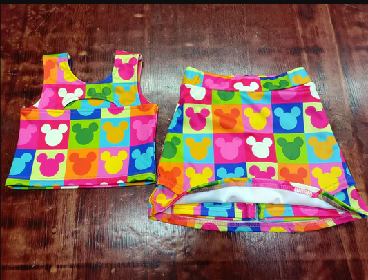 5.13 Preorder moq 5 Baby Girls Sleeveless Colorful Mouses Plaid Vest Top Short Skirts Set