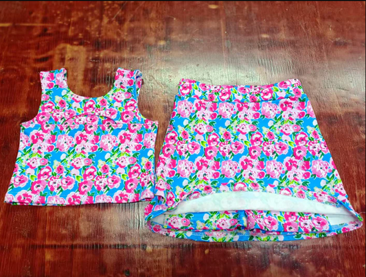 5.13 Preorder moq 5 Baby Girls Pink Sleeveless Floral Vest Top Short Skirts Set