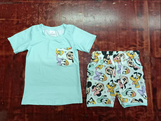5.13 Preorder moq 5 Baby Boys Light Blue Short Sleeves Cartoon Mouse Pocket Top Shorts With Belt Set