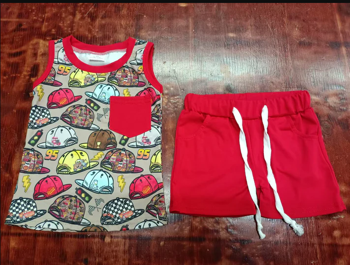 5.13 Preorder moq 5 Baby Boys Sleeveless Pocket Hats Top Short With Belt Clothes Set
