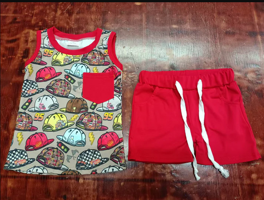 5.13 Preorder moq 5 Baby Boys Sleeveless Pocket Hats Top Short With Belt Clothes Set