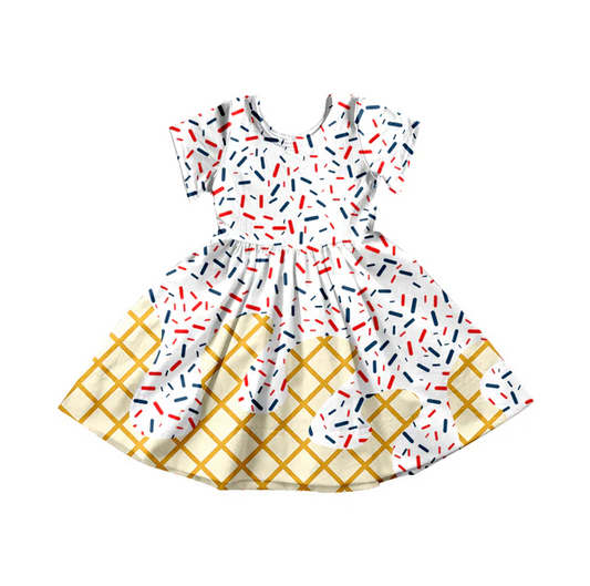 5.14 Preorder moq 5 Baby Girls White Red Navy Ice Cream Drips Sprinkles Knee Length Dresses