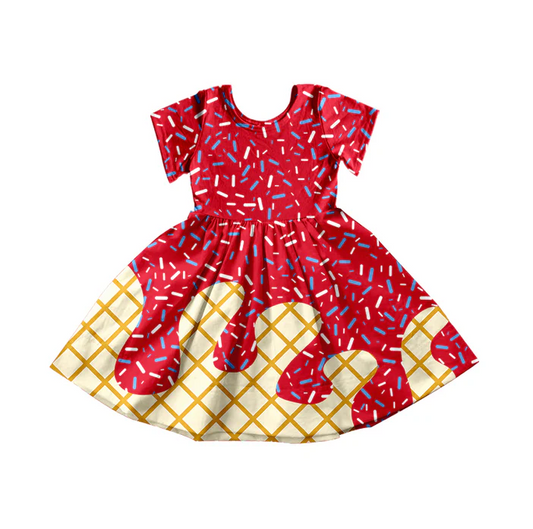 5.14 Preorder moq 5 Baby Girls White Blue Ice Cream Drips Sprinkles Knee Length Dresses