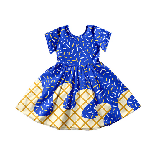 5.14 Preorder moq 5 Baby Girls Blue Ice Cream Drips Sprinkles Knee Length Dresses