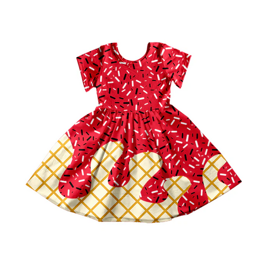 5.14 Preorder moq 5 Baby Girls Red Ice Cream Drips Sprinkles Knee Length Dresses