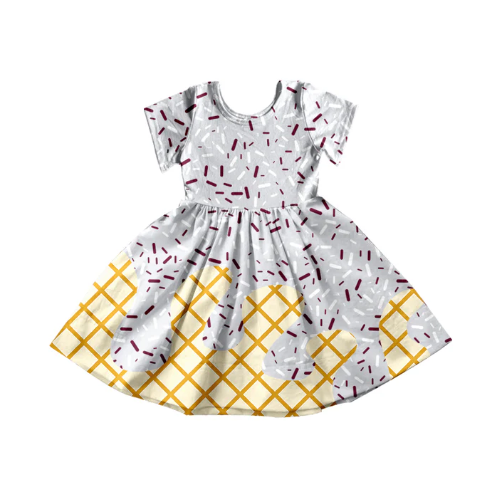5.14 Preorder moq 5 Baby Girls Grey Ice Cream Drips Sprinkles Knee Length Dresses