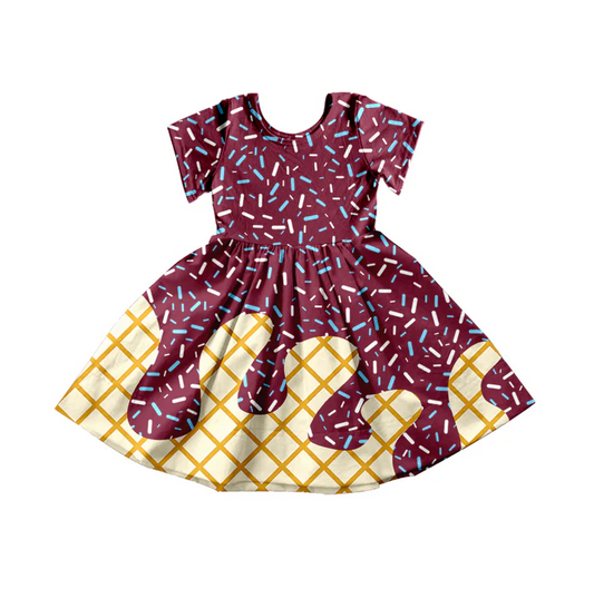 5.14 Preorder moq 5 Baby Girls Wine Ice Cream Drips Sprinkles Knee Length Dresses