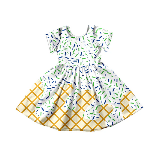 5.14 Preorder moq 5 Baby Girls Green Ice Cream Drips Sprinkles Knee Length Dresses