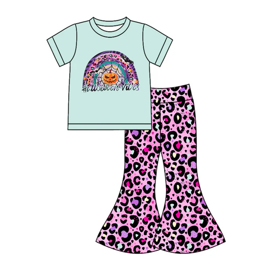 5.7 preorder(MOQ 5)Baby Girls Blue Short Sleeves Ghost Pumpkin Top Leopard Bell Bottom Pants Set