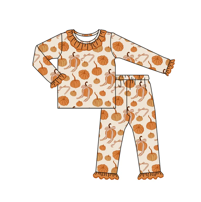 5.7 preorder(MOQ 5)Baby Girls Long Ruffle Sleeves Bows Pumpkins Top Pants Pajamas Set