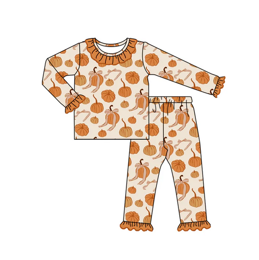 5.7 preorder(MOQ 5)Baby Girls Long Ruffle Sleeves Bows Pumpkins Top Pants Pajamas Set