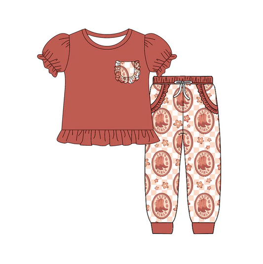 5.14 preorder(MOQ 5)Baby Girls Short Ruffle Sleeves Pocket Tunic Boots Flowers Pants Set