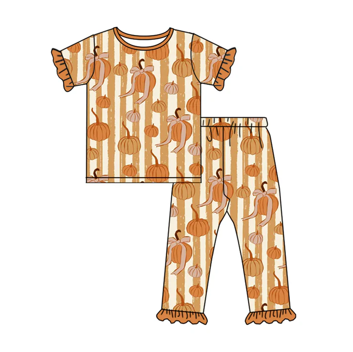 5.14  preorder(MOQ 5)Baby Girls Short Ruffle Sleeves Pumpkins Stripes Top Pants Pajamas Set