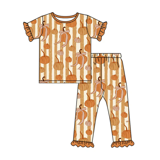 5.14  preorder(MOQ 5)Baby Girls Short Ruffle Sleeves Pumpkins Stripes Top Pants Pajamas Set