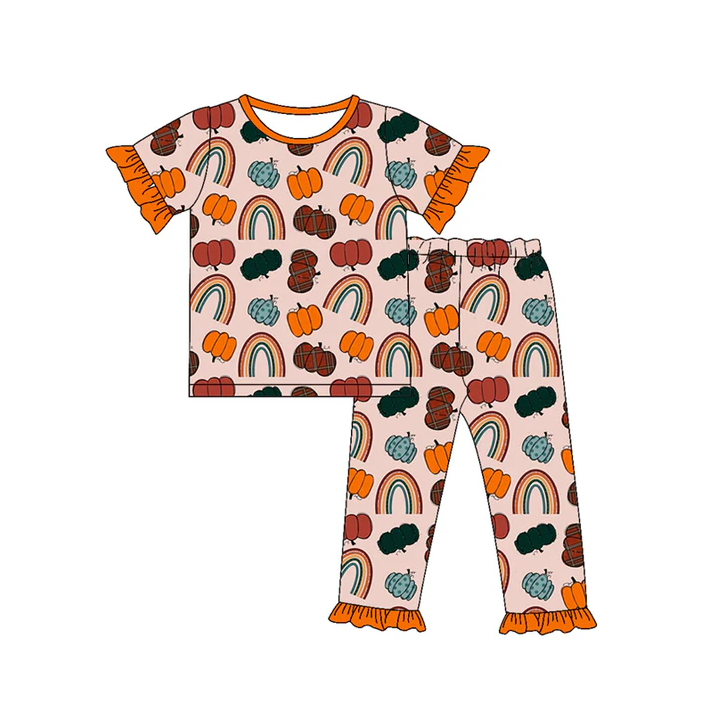 5.14  preorder(MOQ 5)Baby Girls Short Ruffle Sleeves Pumpkins Rainbows Top Pants Pajamas Set