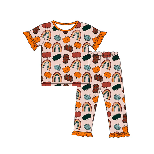 5.14  preorder(MOQ 5)Baby Girls Short Ruffle Sleeves Pumpkins Rainbows Top Pants Pajamas Set