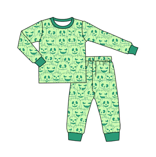 5.14 preorder(MOQ 5)Baby Boys Green Long Sleeves Pumpkins Plaid Top Pants Pajamas Set
