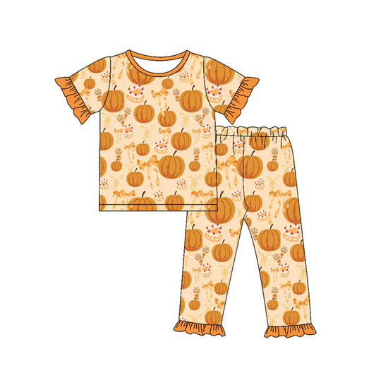 5.14 preorder(MOQ 5)Baby Girls Orange Short Ruffle Sleeves Pumpkins Plaid Top Pants Pajamas Set