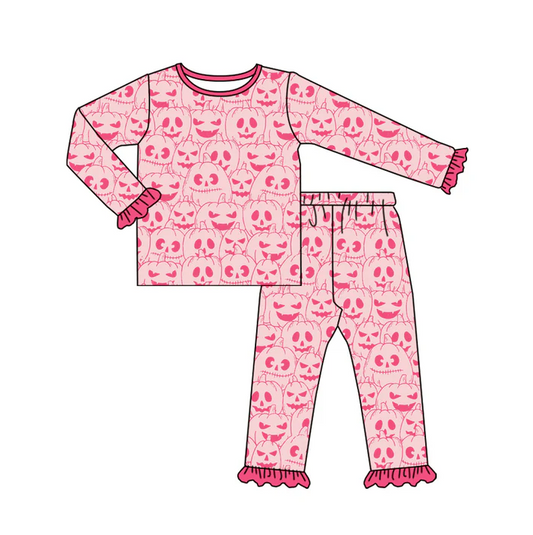 5.14 preorder(MOQ 5)Baby Girls Pink Long Ruffle Sleeves Pumpkins Plaid Top Pants Pajamas Set