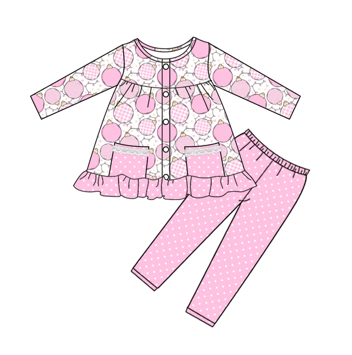 5.14 preorder(MOQ 5)Baby Girls Long Sleeves Button Pockets Bulbs Tunic Polka Dots Leggings Pants Set