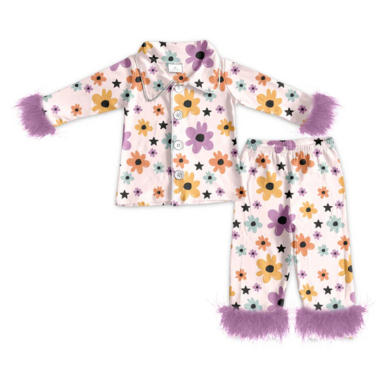 5.14 preorder(MOQ 5)Baby Girls Fall Purple Flowers Fur Top Pants Pajamas