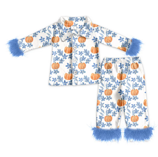 5.14 preorder(MOQ 5)Baby Girls Fall Pumpkin Blue Flowers Fur Top Pants Pajamas