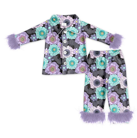 5.14 preorder(MOQ 5)Baby Girls Halloween Blue Flowers Fur Top Pants Pajamas