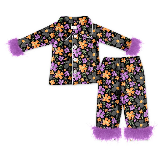 5.14 preorder(MOQ 5)Baby Girls Halloween Purple Flowers Fur Top Pants Pajamas