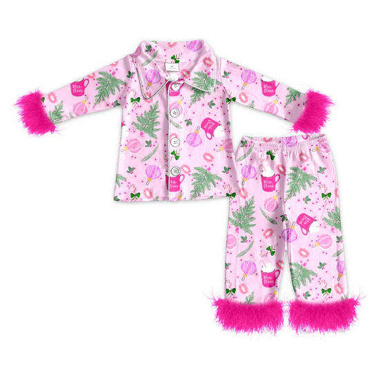 5.14 preorder(MOQ 5)Baby Girls Christmas Pink Trees Fur Top Pants Pajamas
