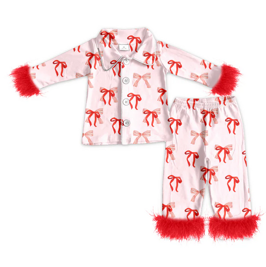 5.14 preorder(MOQ 5)Baby Girls Christmas Red Bows Fur Top Pants Pajamas
