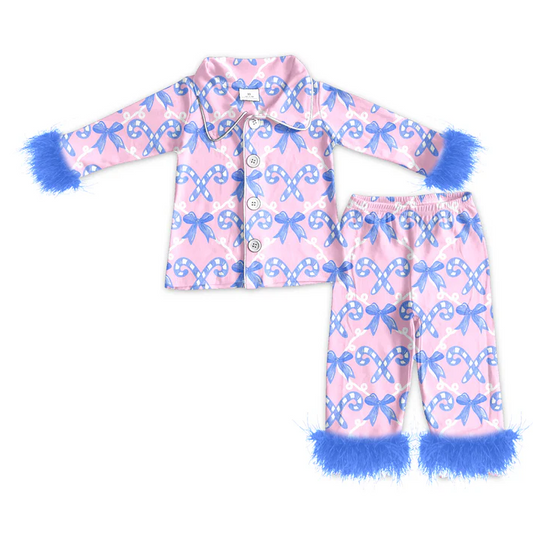 5.14 preorder(MOQ 5)Baby Girls Christmas Candy Cane Purple Fur Top Pants Pajamas