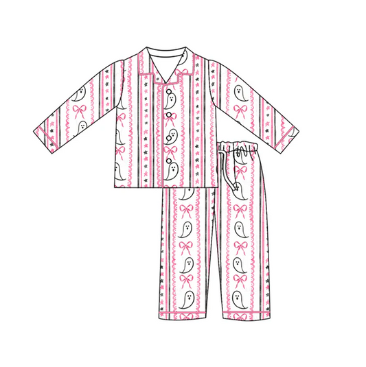 5.14 Preorder (moq 5)Baby Girls Halloween Ghost Pink Buttons Top Pants Pajamas