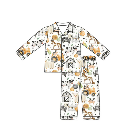 5.14 Preorder (moq 5)Baby Girls Western Farm Cows Buttons Top Pants Pajamas