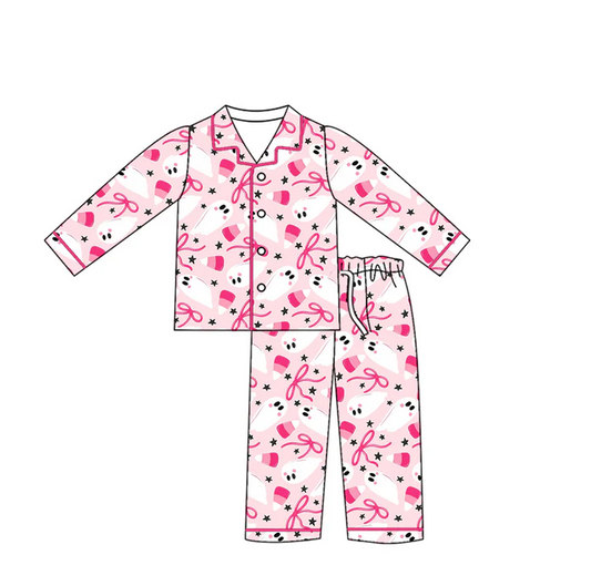 5.14 Preorder (moq 5)Baby Girls Halloween Ghost Candy Buttons Top Pants Pajamas